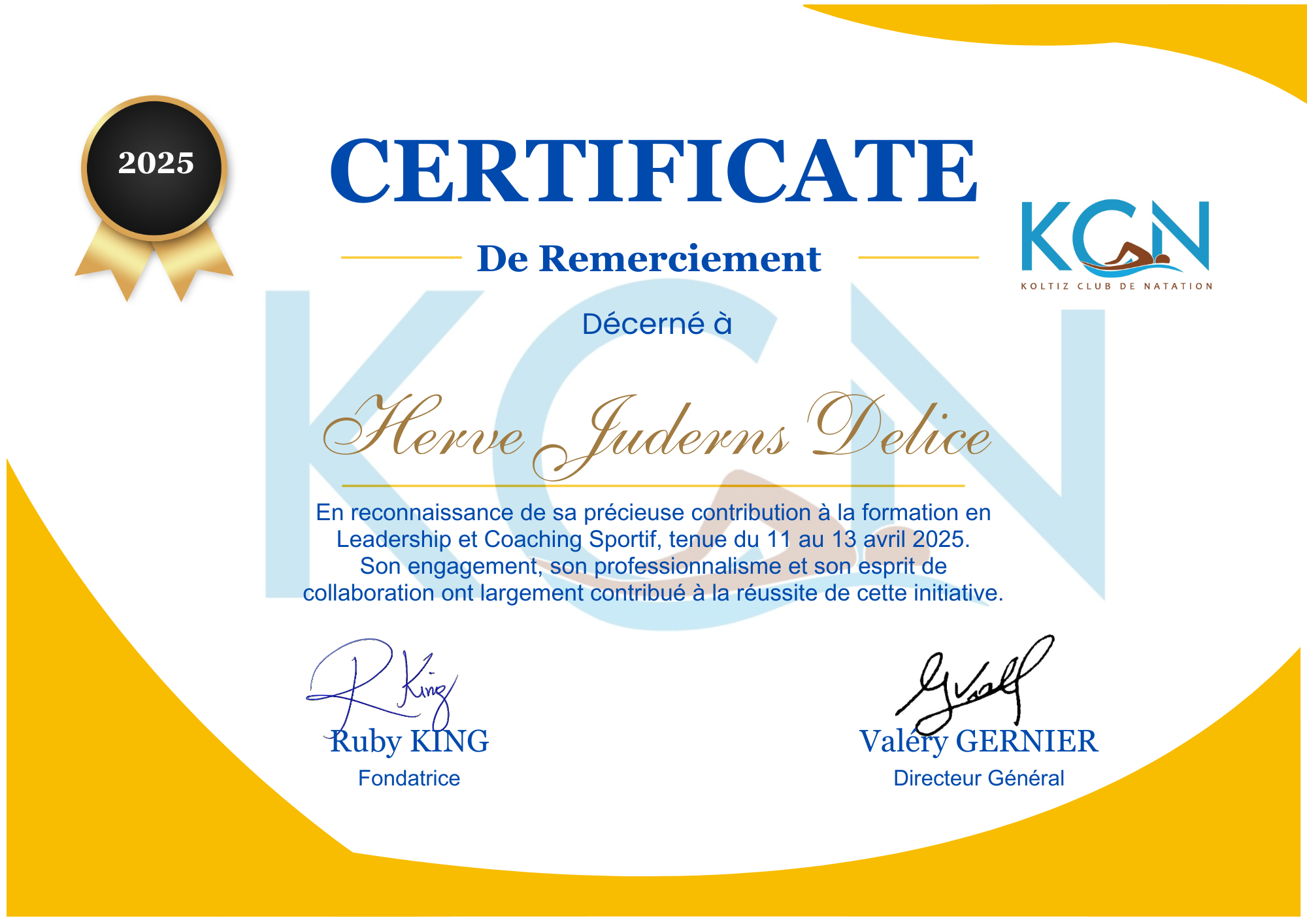 certificat de remerciement